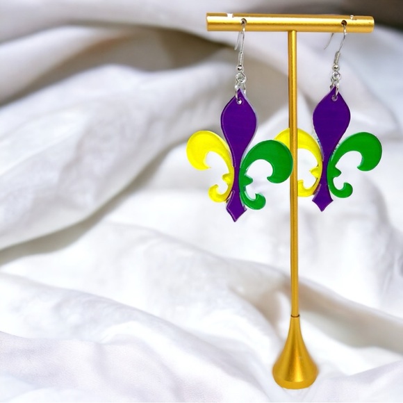 Fleur de Lis Dangle Earrings: Sparkle & Celebrate Mardi Gras in Style! NWT - Picture 4 of 7
